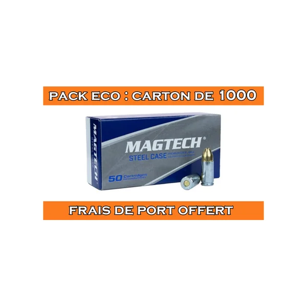 OFFRE ECO - CARTON DE 1000 CARTOUCHES MAGTECH CAL.9x19 / 9 PARABELLUM / 9 LUGER FMJ 124GRS ETUI ACIER - CATEGORIE B