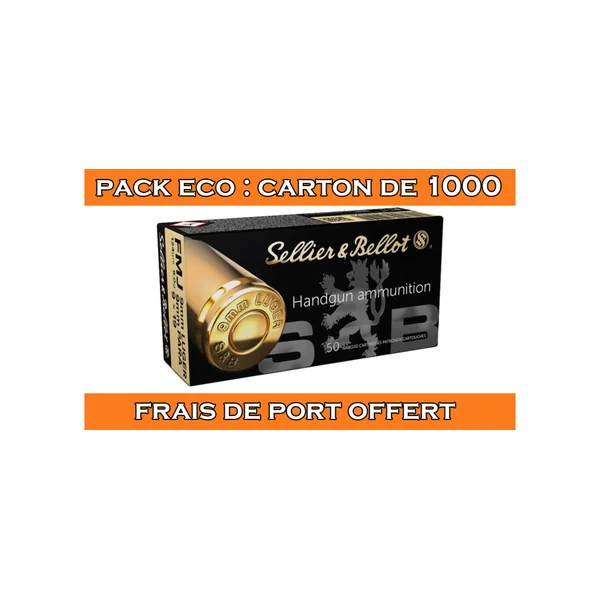 OFFRE ECO - CARTON DE 1000 CARTOUCHES SELLIER BELLOT CAL.9x19 / 9 PARABELLUM / 9 LUGER FMJ 124GRS - CATEGORIE B