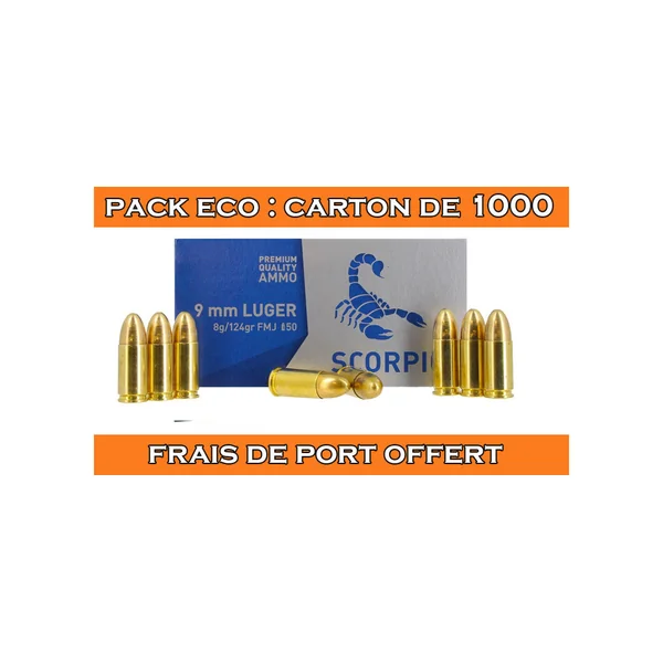 OFFRE ECO - CARTON DE 1000 CARTOUCHES STV CAL.9x19 / 9 PARABELLUM / 9 LUGER FMJ 124GRS - CATEGORIE B