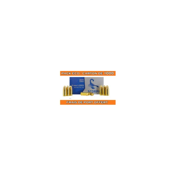 OFFRE ECO - CARTON DE 1000 CARTOUCHES STV CAL.9x19 / 9 PARABELLUM / 9 LUGER FMJ 124GRS - CATEGORIE B