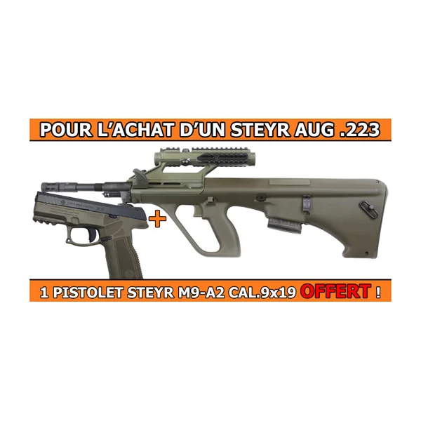 OFFRE STEYR - PACK PROMO STEYR AUG A3 Z QCB/SR 3X optik JAGDKOMMANDO .223R + 1 PISTOLET STEYR M9-A2 OLIVE CAL.9x19 OFFERT !