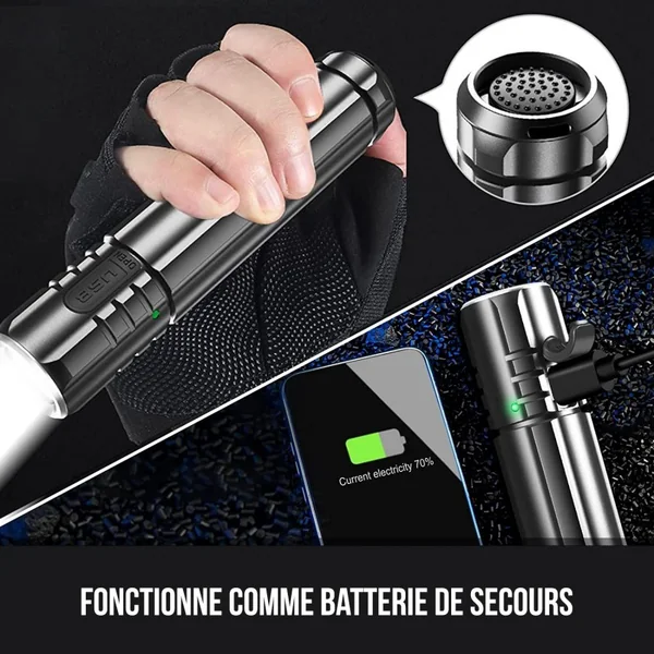 YAKEDA - Lampe tactique de poche 1100 lumens avec prise USB-C - Charge rapide pour une utilisation prolongée